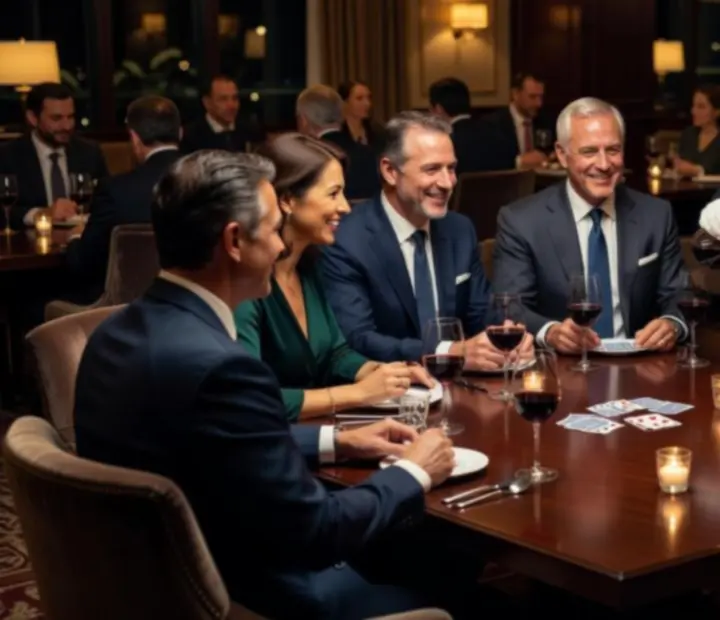 Skupina klientů si užívá večeři v partnerské restauraci