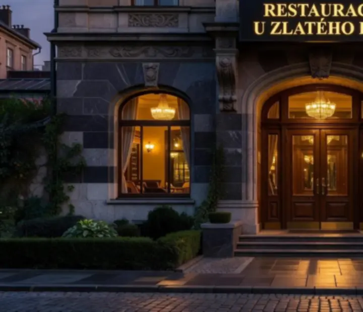 Exteriér partnerské restaurace Nejlepsivyber s intimním večerním nasvícením.