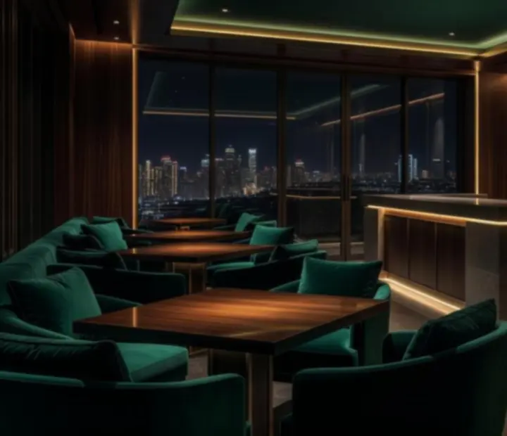 Luxusně nasvícený privátní pavilon restaurace připravený pro večerní společenský poker event
