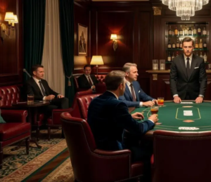 Soukromá poker lounge s profesionálním dealerem a hosty během večerní akce