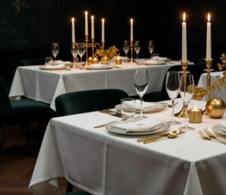Elegantní restaurace s večerním osvětlením a připravenými stoly