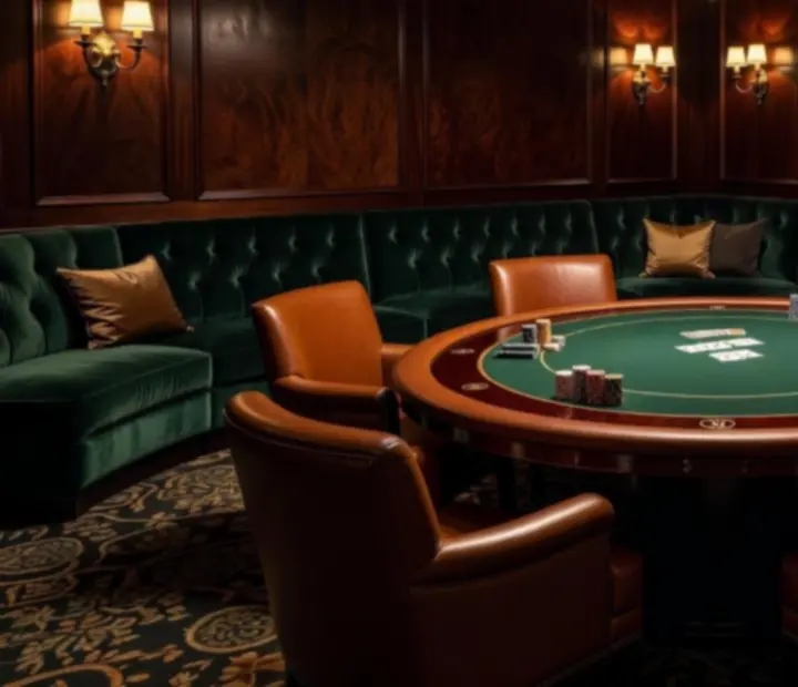Interiér partnerské lounge s atmosférickým osvětlením a pokerovými stoly.